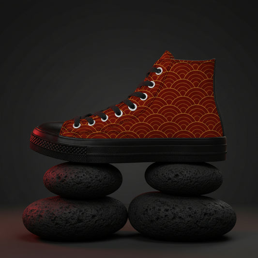 Side profile of a premium crimson red high-top sneaker featuring a gold-lined Seigaiha wave pattern on the canvas with a solid black rubber sole and black laces.
