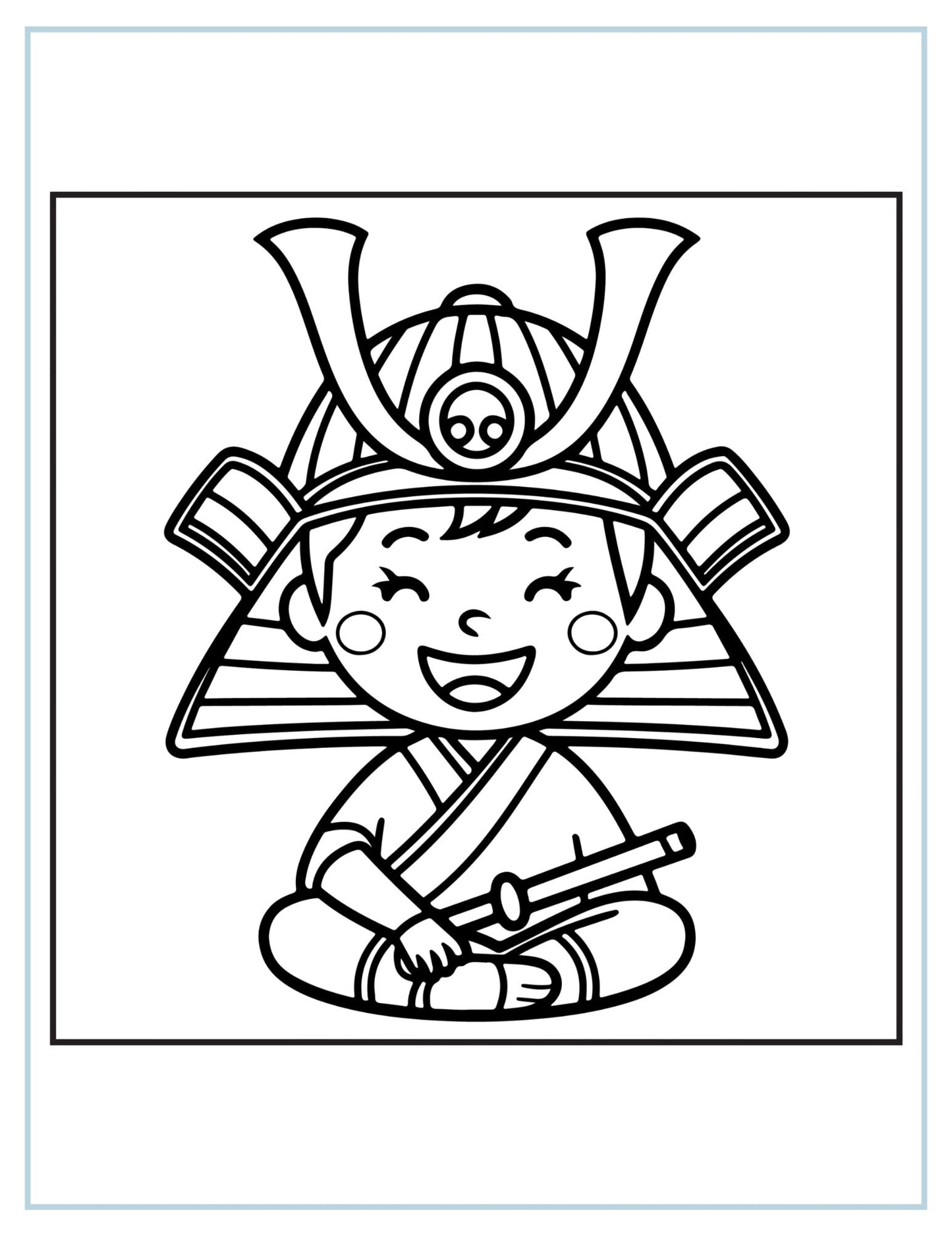 Coloring page of a cartoon samurai character with a helmet and sword.