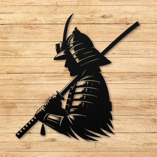 Silhouette of a samurai warrior with a sword on a wooden background