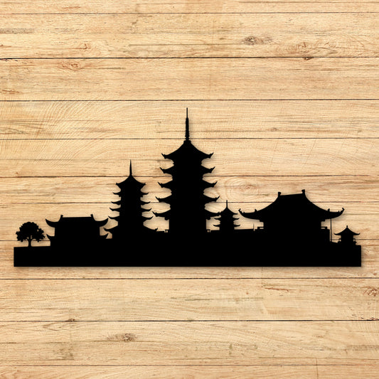 Silhouette of a traditional Asian architectural scene on a wooden background
