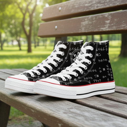 Premium high-top canvas sneakers in a sleek "Kuro" black finish, featuring elegant white vertical Japanese calligraphy (Kanji) on the side panels.