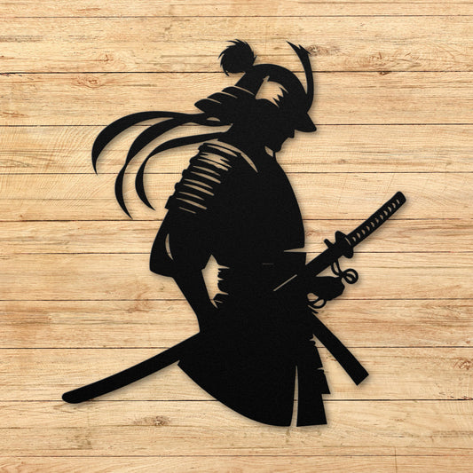 A black metal silhouette of a vigilant samurai warrior with flowing hair and intricate armor details, holding a katana sword, set against a warm wooden plank background.