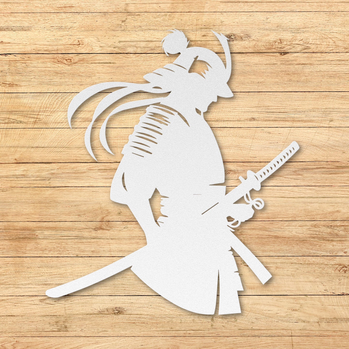 White silhouette of a warrior with a sword on a wooden background