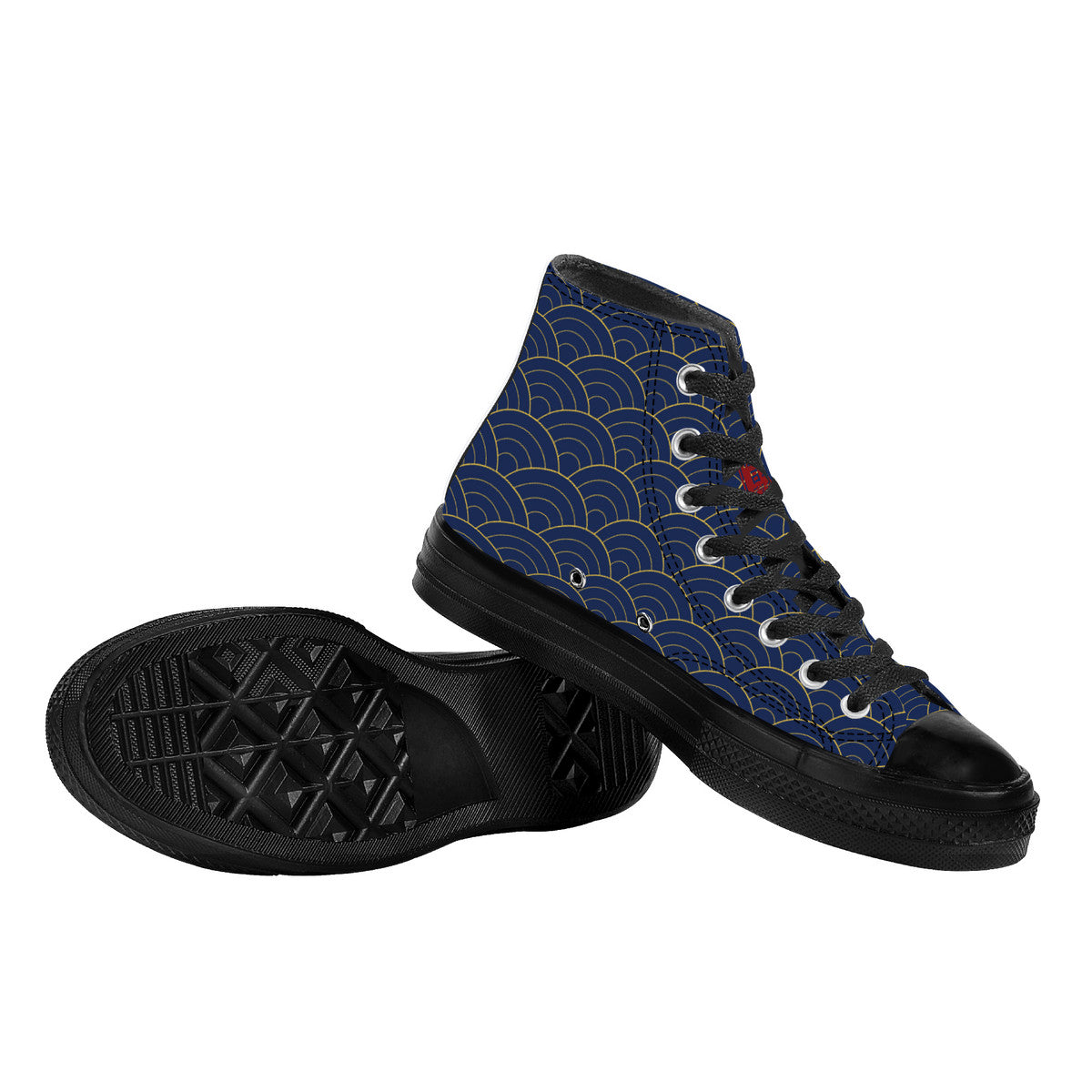 Black high-top sneakers with blue pattern on a white background