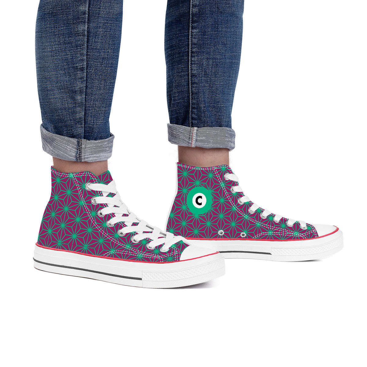 "Magenta and green geometric patterned high-top canvas sneakers with a 'C' logo, inspired by the Tokyo Metro Chiyoda Line, in a classic Converse style."