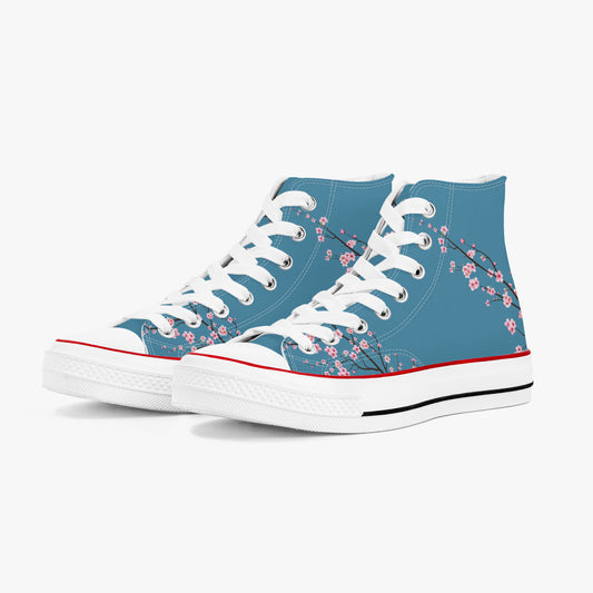 Blue high-top sneakers with white laces and a floral pattern on a white background