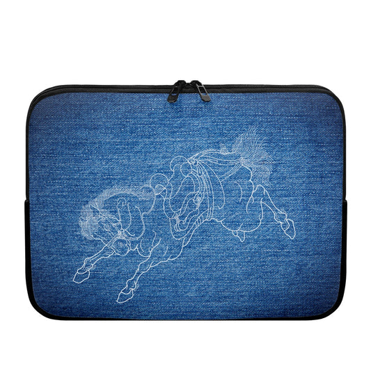 Blue denim-style laptop sleeve with a white horse design on a white background