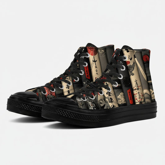 Black High - Top Sneakers with Japanese Book Spine Print -