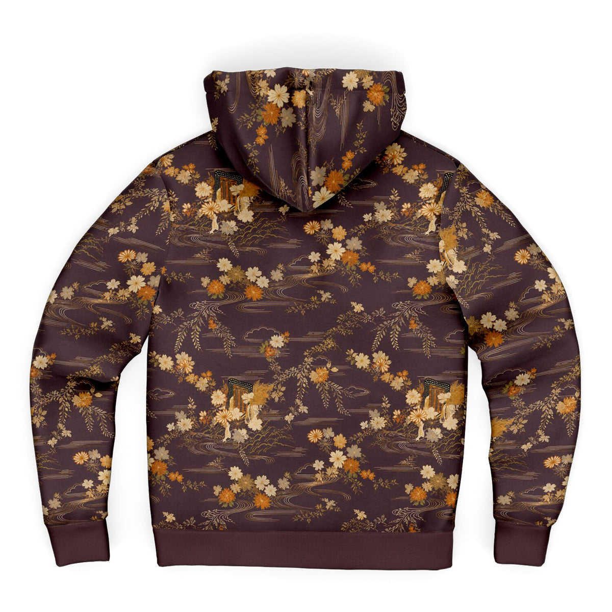 A dark brown hooded sweatshirt with a detailed all-over print of golden-brown foxes, wildflowers, and trees on a white background.