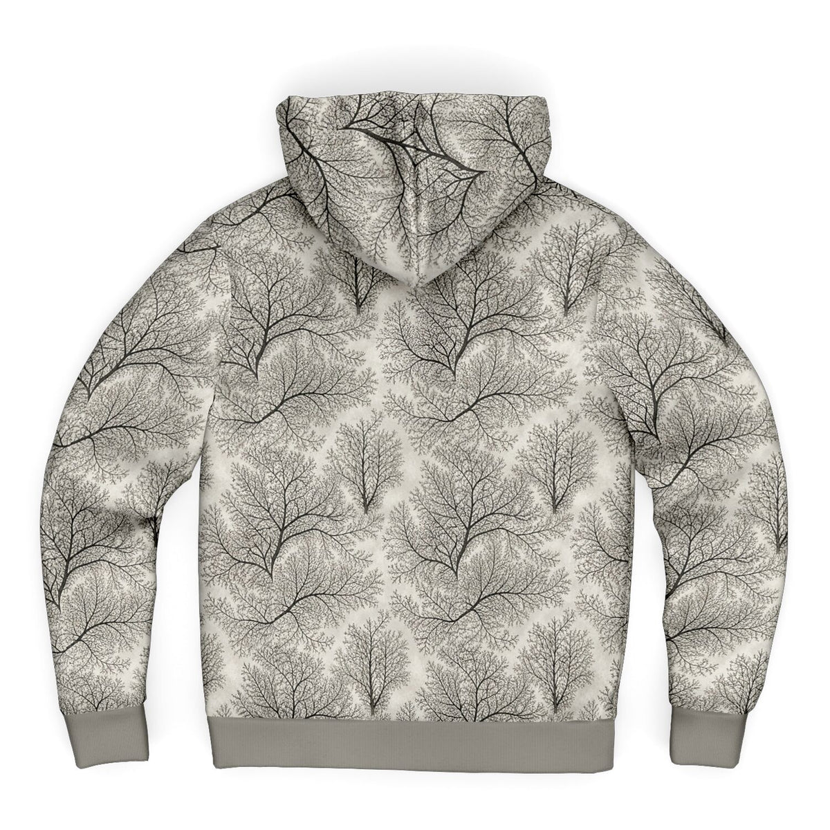 A long-sleeve hoodie with an all-over abstract tree branch pattern in black and gray on a light beige background, featuring solid gray ribbed cuffs and hem, shown against a plain white background.