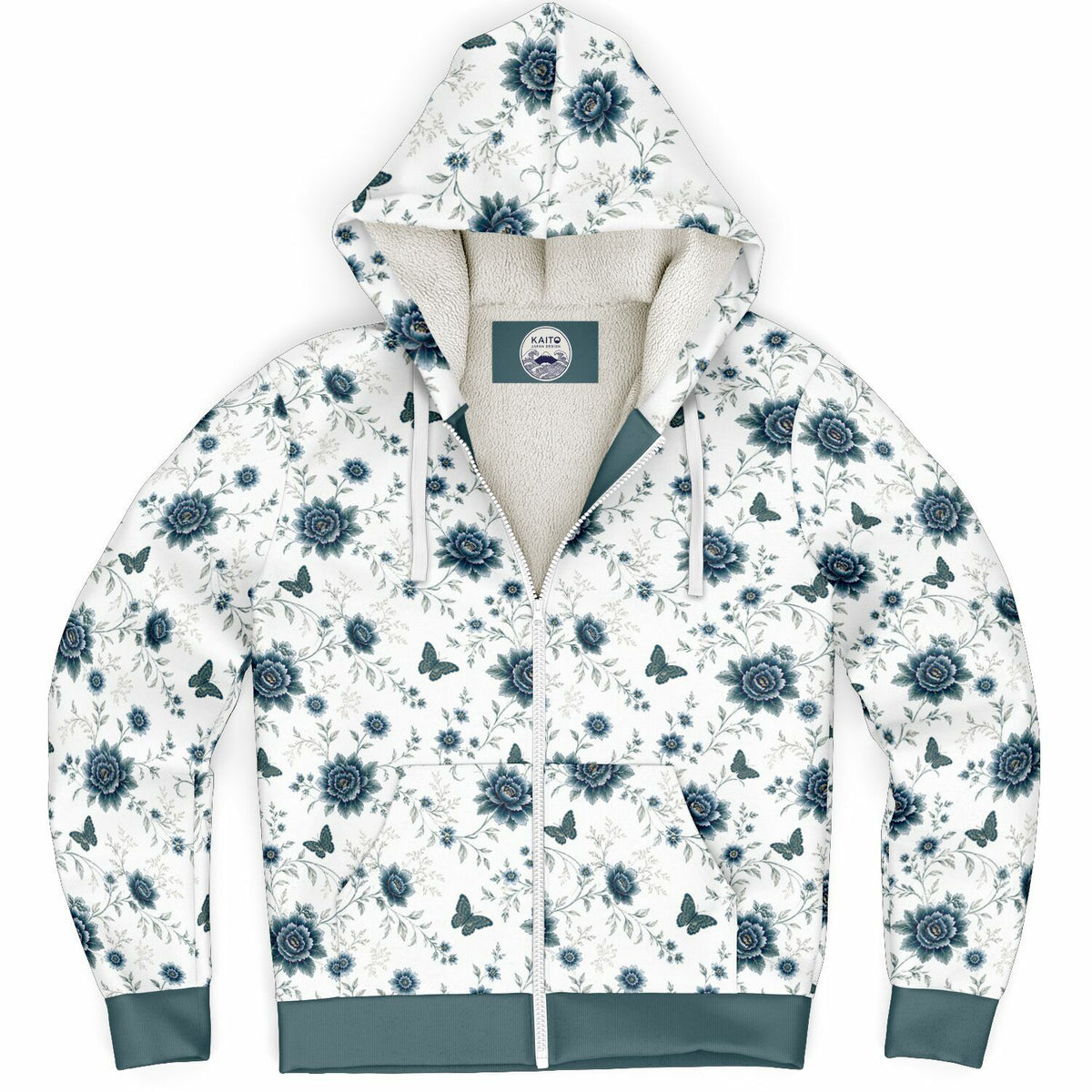 A white zip-up hoodie with a blue floral and butterfly pattern, featuring a cream-colored fleece lining and solid blue-green cuffs and hem.