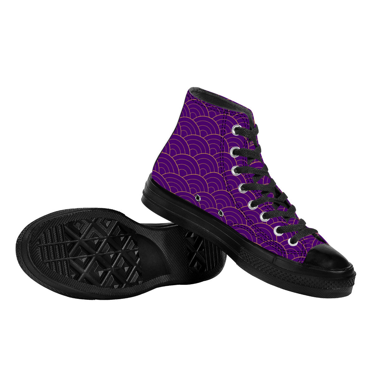Purple high-top sneakers with black pattern on a white background