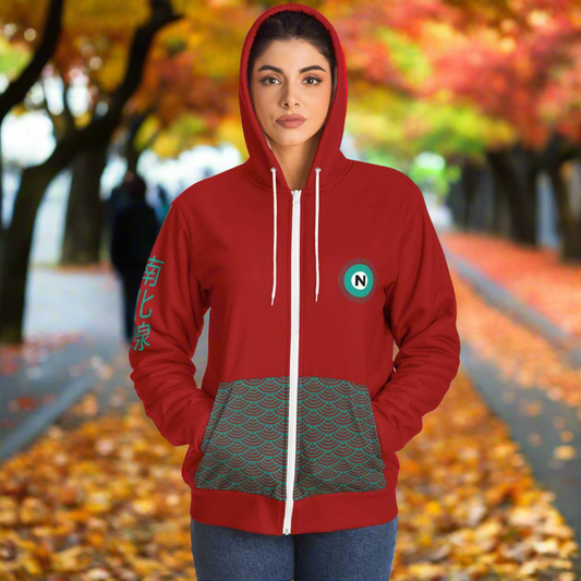 "Red ultra-soft microfleece zip hoodie with a patterned lining, Japanese text on the sleeve, and a green 'N' logo, inspired by the Tokyo Metro Namboku Line."