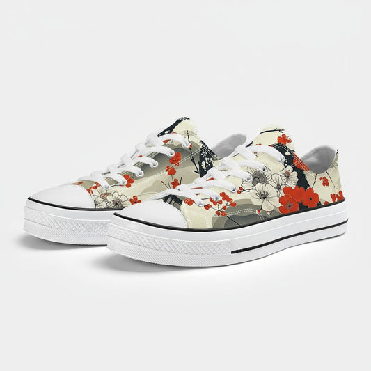 Premium low-top canvas sneakers featuring a striking black background adorned with vibrant red cherry blossoms and traditional Japanese floral motifs.