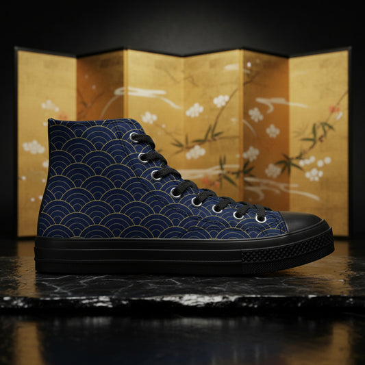 Blue high-top sneaker with wave pattern on a white background