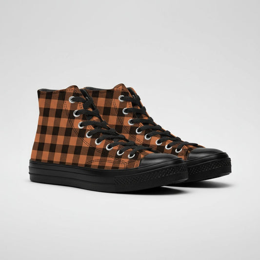 Black and brown checkered pattern canvas high top sneakers with Japanese Wagara design.
