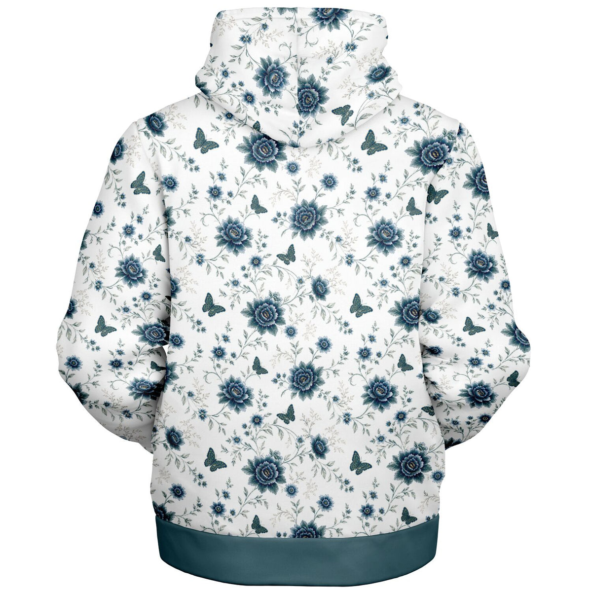 A white hooded sweatshirt with an all-over blue floral and butterfly pattern, shown from the back against a plain white background.