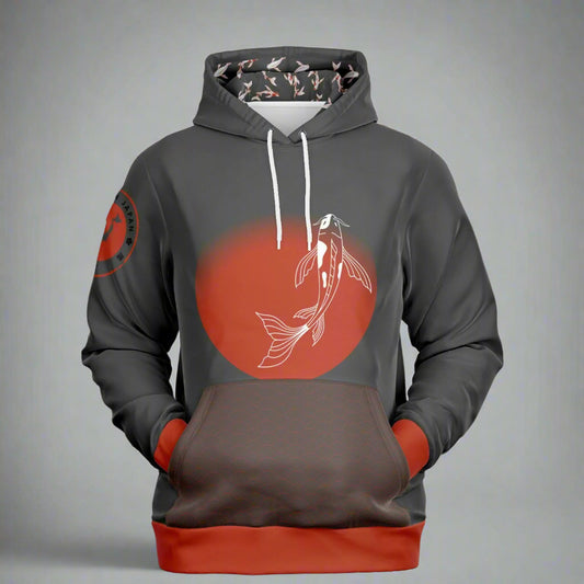A high-quality black pullover fashion hoodie featuring a minimalist white illustration of a Koi fish in motion, inspired by traditional Japanese ink-wash painting and woodblock prints.