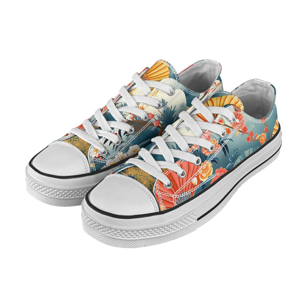 Colorful floral sneakers with white laces on a white background