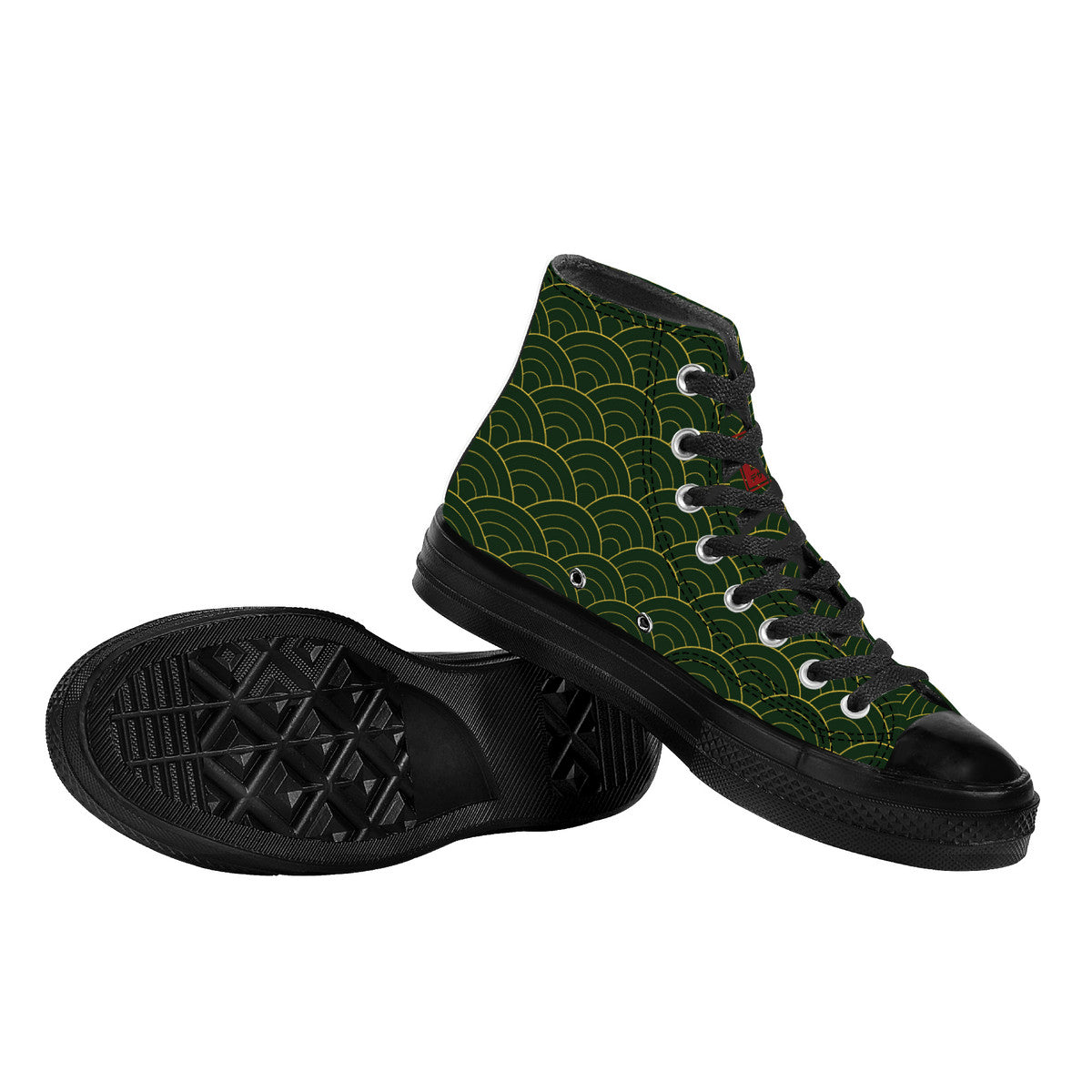 Green high-top sneakers with black pattern on a white background