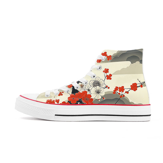 A pair of high-top canvas sneakers, predominantly white, with a stylized Japanese floral pattern featuring red cherry blossoms, black and white branches, and subtle gray mountain or cloud motifs on a pale yellow background. The sneakers have white laces, white rubber soles with a black stripe, and a red line accent above the sole. They are presented at an angle on a plain white background.