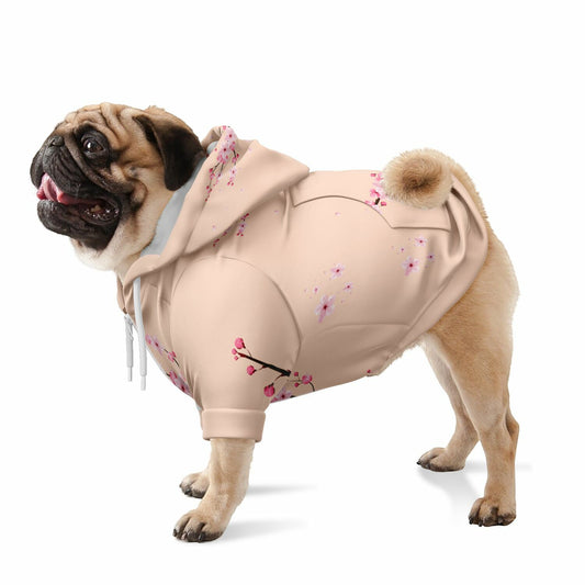 A dog wearing a premium light pink athletic zip-up hoodie featuring a delicate white and pale pink cherry blossom pattern, inspired by Japanese spring aesthetics.