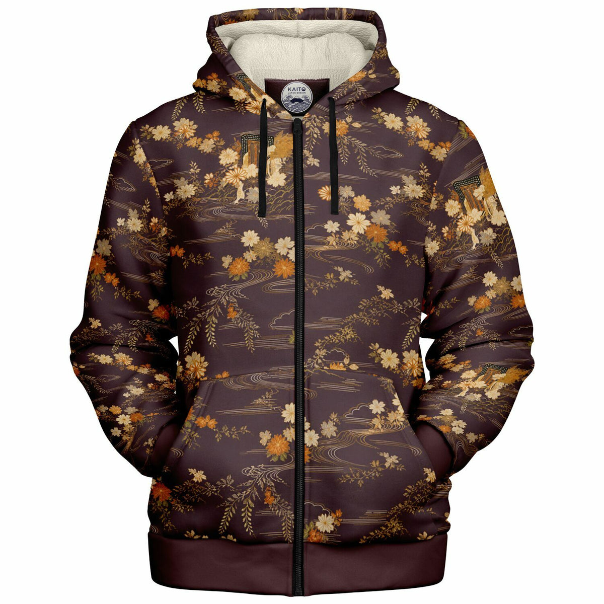 A dark brown zip-up hoodie with an all-over vintage-style floral and landscape print in beige, orange, and white, featuring a cream-colored hood lining and black drawstrings.