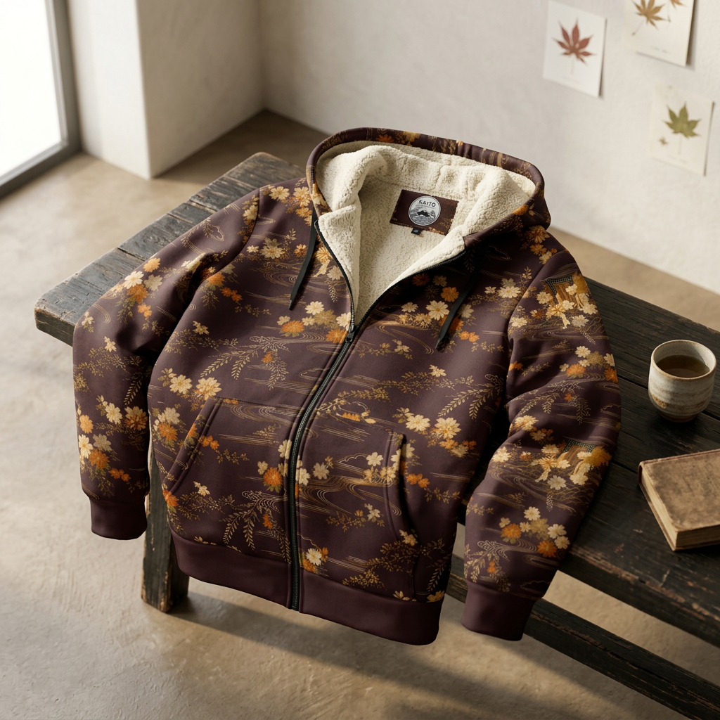 A brown zip-up hoodie with a beige sherpa lining and an autumn floral pattern, displayed on a rustic wooden bench in a styled room setting.