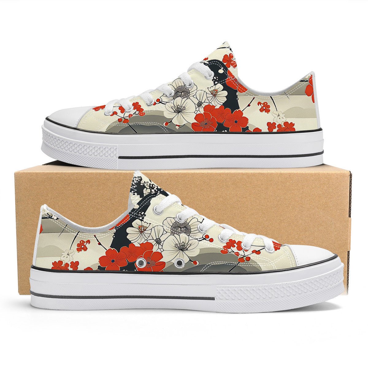Red & Black Japanese Floral Low Tops - Artisan Art Sneakers  display picture 1