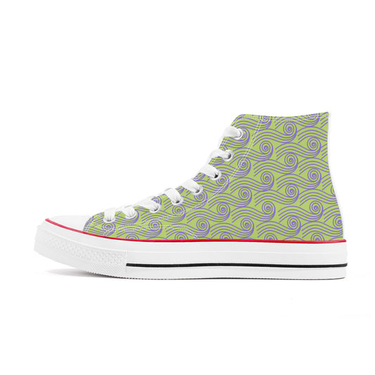 "Lime green and purple wavy patterned high-top canvas sneakers with a 'Z' logo, inspired by the Tokyo Metro Hanzomon Line, in a classic Converse style."