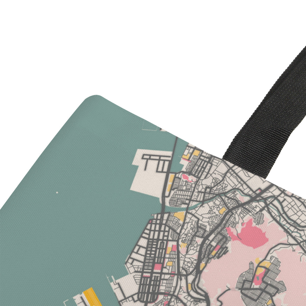 Luggage tag with city map design on a white background