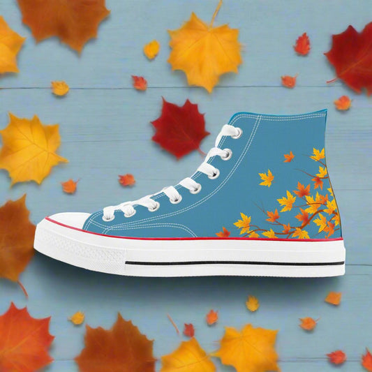 Blue High Top Canvas Shoes with Japanese Aki (Autumn) leaf and pattern design.