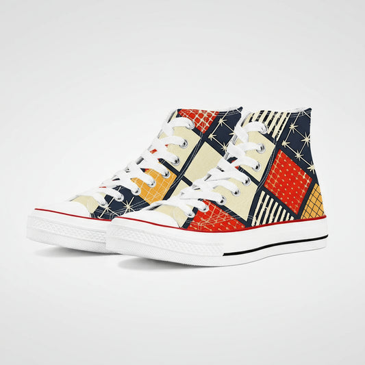 Colorful Hishi Diamond Quilt pattern high top canvas sneakers with Japanese Wagara design.