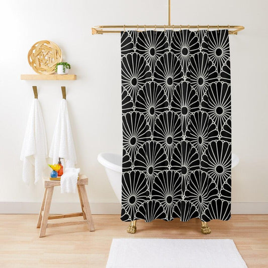 Japanese Kiku Shower Curtain - White and Black