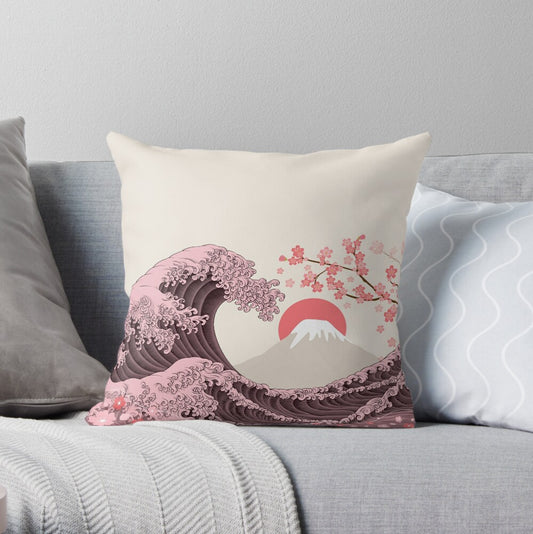 Pink Hokusai Great Wave Off Kanagawa square throw pillow with subtle Sakura flower accent.