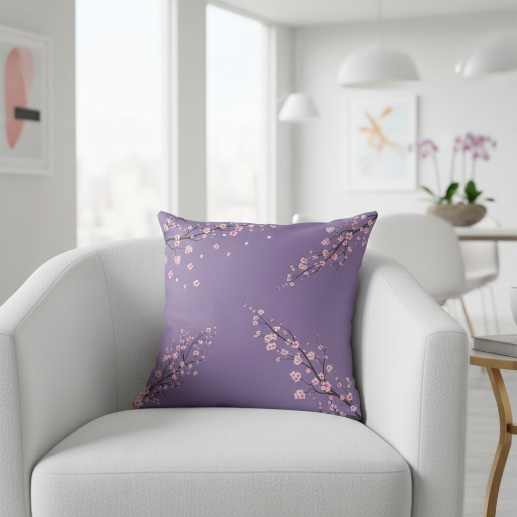 Purple pillow with floral design on a gray armchair in a bright living room.