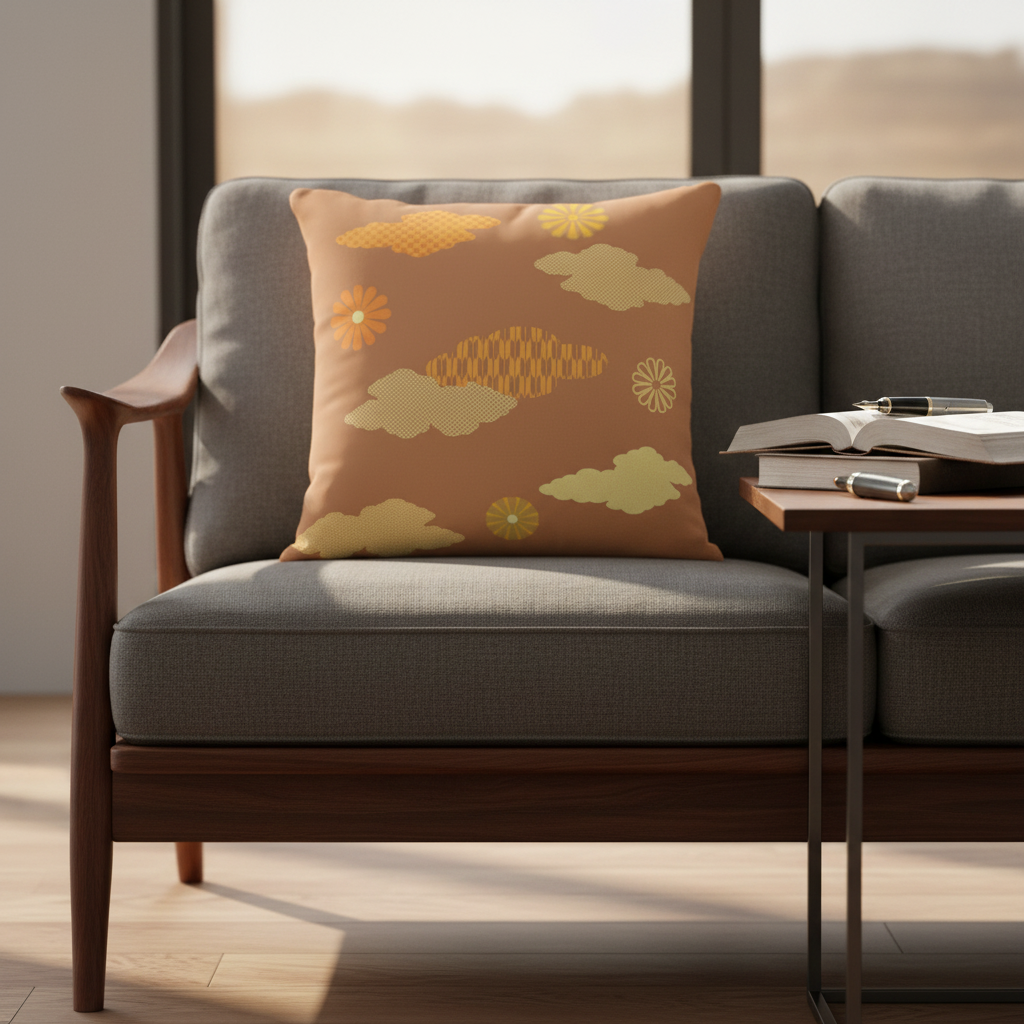 Gray sofa with a decorative pillow featuring cloud and flower patterns, in a room with a wooden floor.