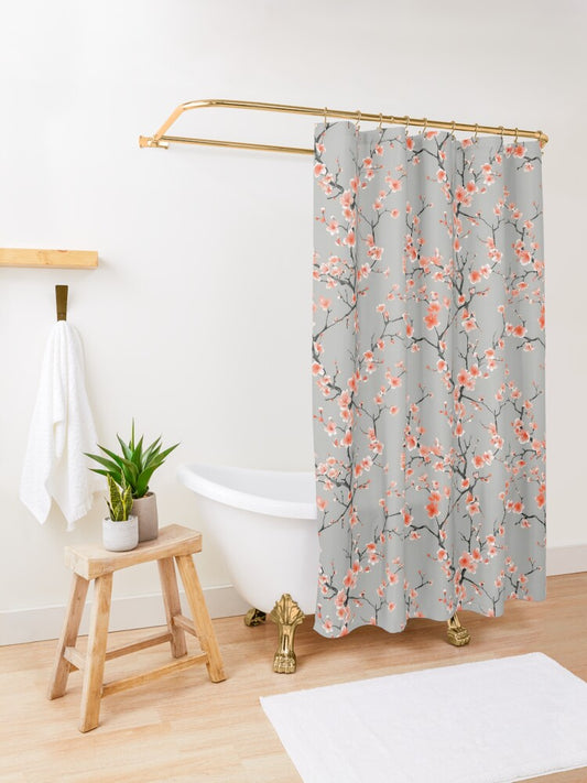 Shower curtain with floral pattern in a bathroom setting