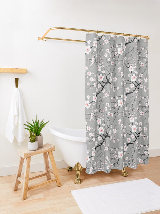 White & Pink Sakura Flower Shower Curtains