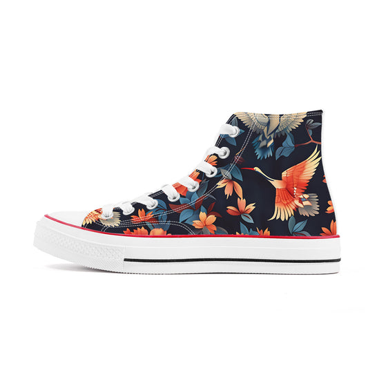 White canvas high top sneakers with Japanese Crane bird and detailed floral print.