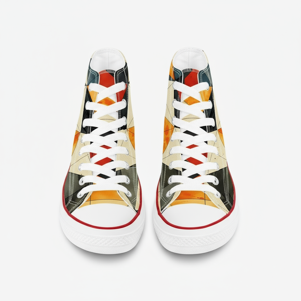 Pair of colorful sneakers with geometric pattern on a white background