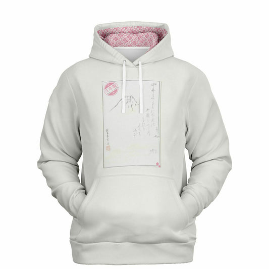 High-definition printed hoodie featuring a classic woodblock-style landscape of Mount Fuji from the 1814 Meika Gafu anthology, with soft pink and blue tones.