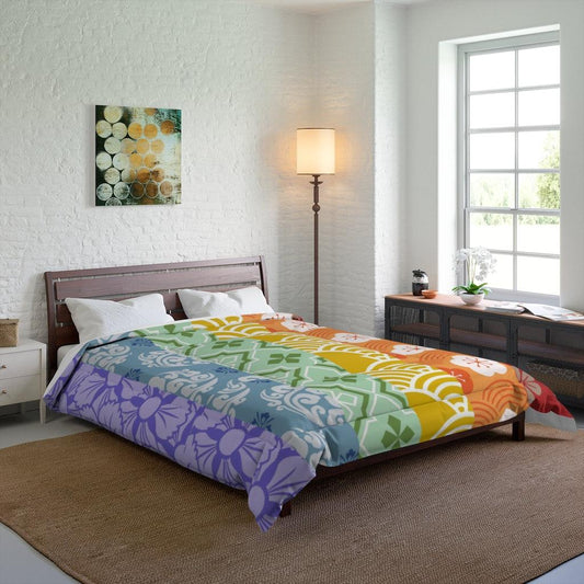 Premium comforter featuring a brilliant rainbow patchwork of traditional Japanese Wagara patterns, celebrating the inclusive spirit of Tokyo Pride and vintage Kimono artistry. Queen