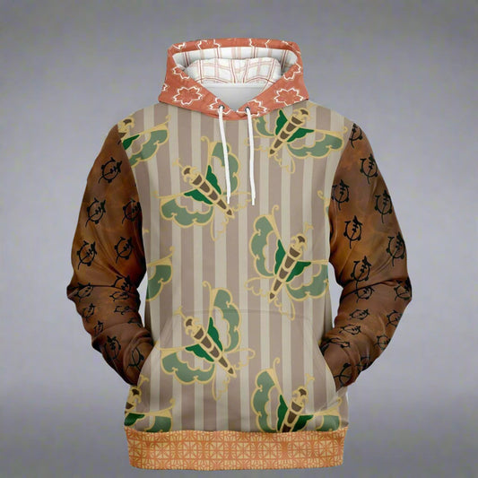 A high-quality black pullover fashion hoodie featuring a refined white woodblock print illustration of the celebrated Japanese courtesan Hitomoto, inspired by classical Edo-period art.