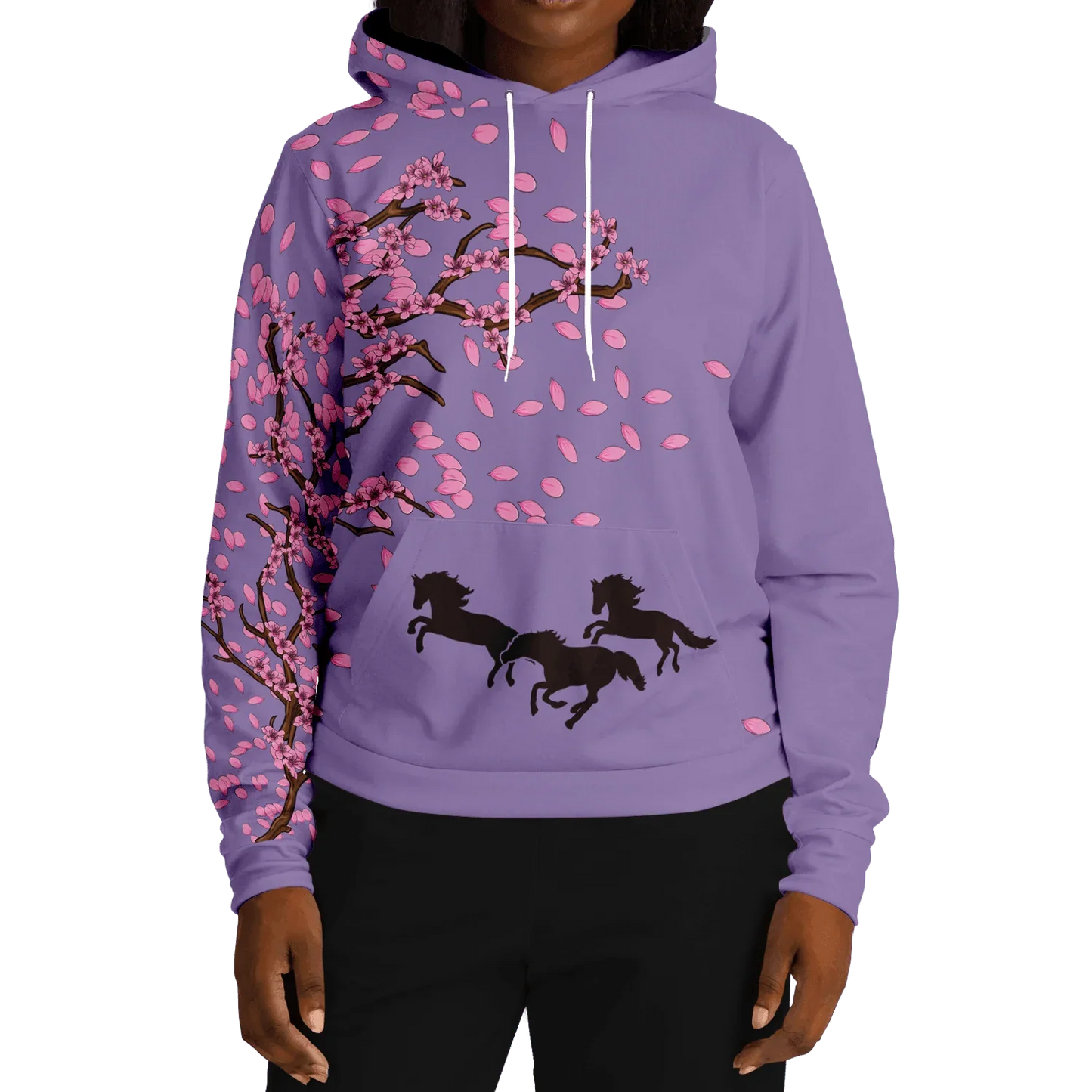 Cherry Blossom tree on a Purple background with 3 black Horses on the front pocket of the Hoodie