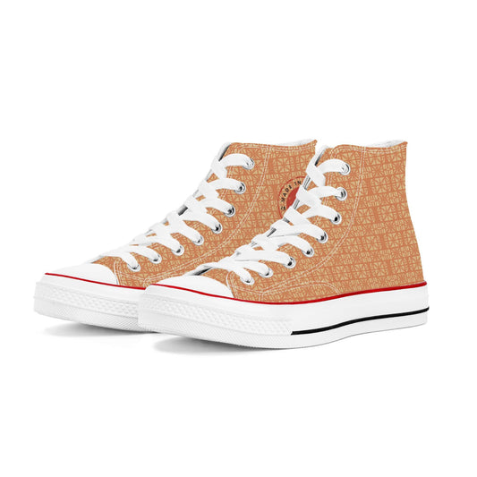 Orange High Top Canvas Shoes featuring a traditional Japanese pattern inspired by a Daimonjiya kimono print.