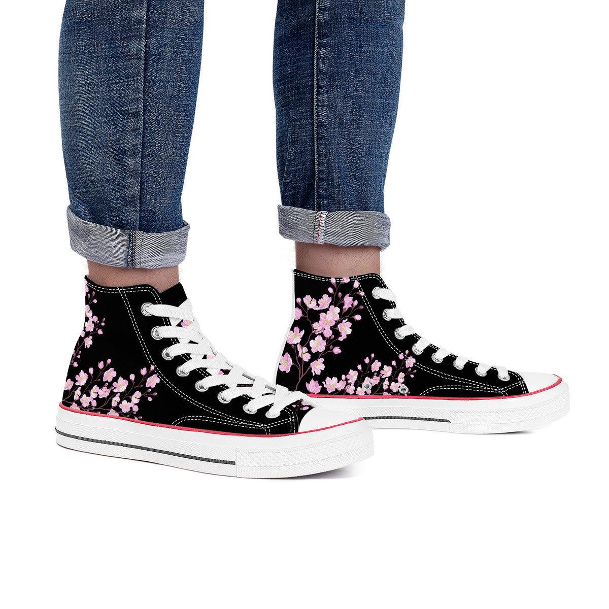 Sakura on Black - High Top Canvas Shoes