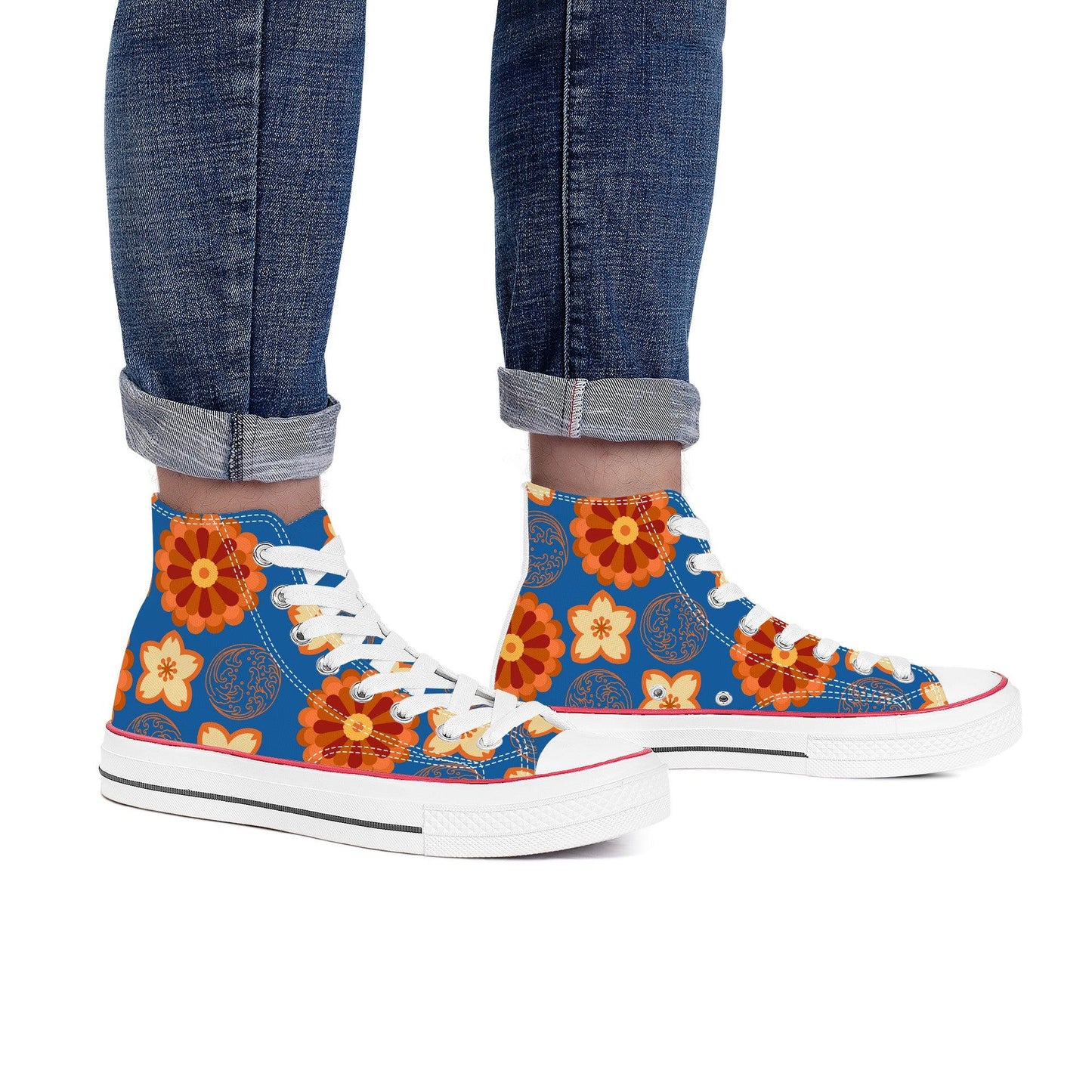 Orange Flowers & Blue Sky - High Top Canvas Shoes - Kaito Japan Design