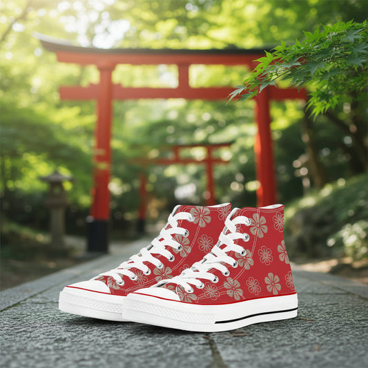 Premium red high-top canvas sneakers featuring an intricate all-over white floral and vine pattern, inspired by the traditional colors of Japanese Shinto shrines.