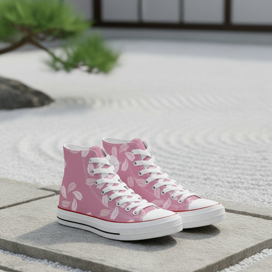 Premium all-white high-top canvas sneakers featuring a subtle, tonal white-on-white Japanese floral and vine pattern for a sophisticated minimalist look.